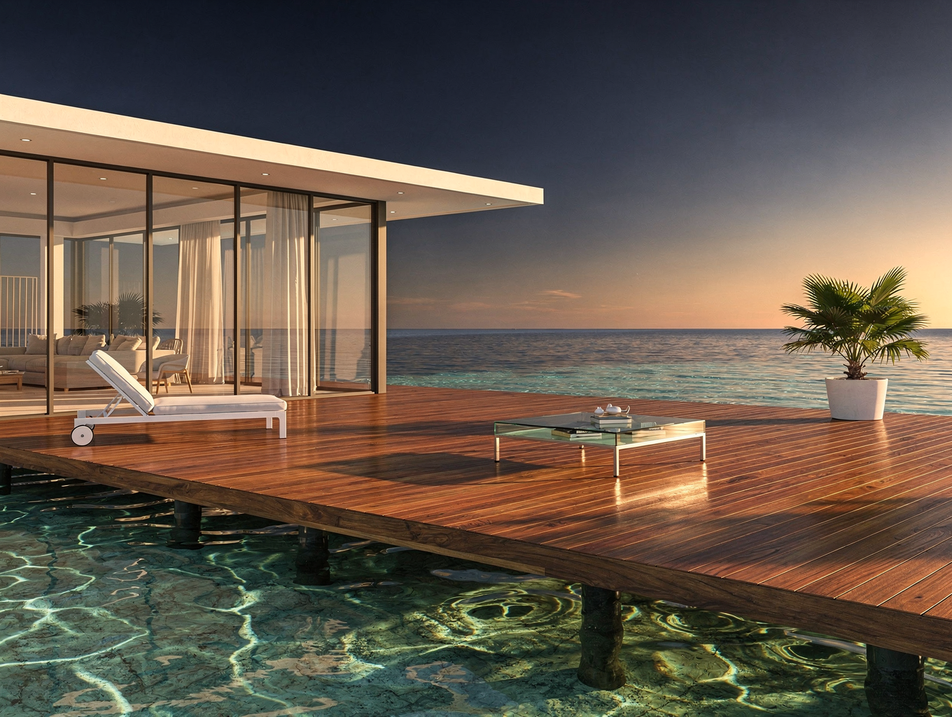 Luxury overwater villa in the Maldives at dawn